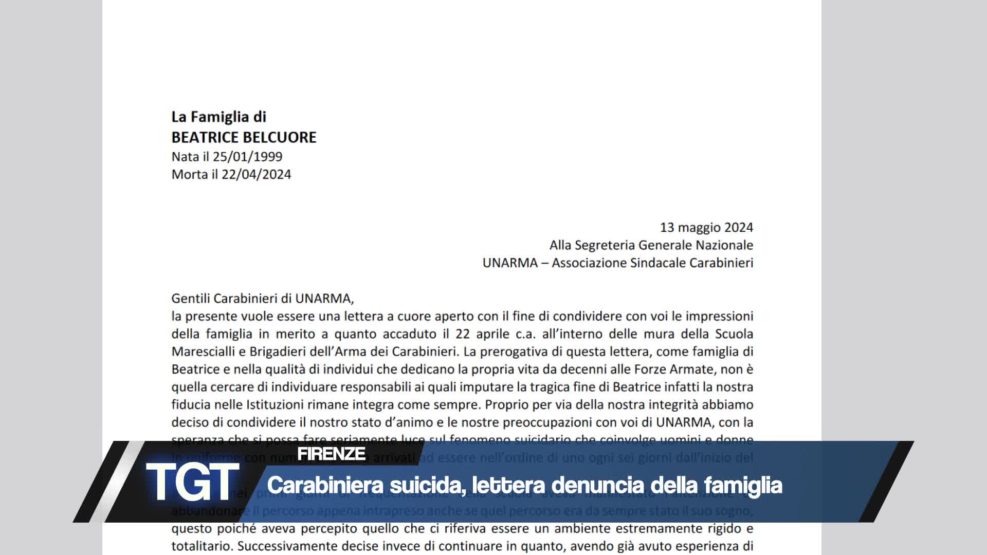 Firenze - Carabiniera suicida, lettera della famiglia Thumbnail